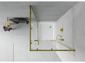 Mexen Rio, štvorcový sprchovací kút s posuvnými dverami 80(dvere) x 80(dvere) x 190 cm, 6mm číre sklo, zlatý profil + biela sprchová vanička RIO, 860-080-080-50-00-4510