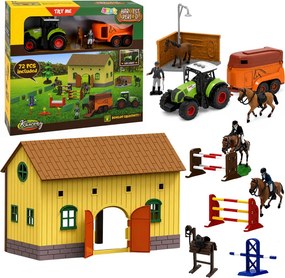 LEAN Toys Súprava „Farma, chov, traktor, prekážková dráha, skokanské prekážky, kone, figúrky“ – 72 dielov