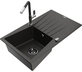 Mexen Cesar, 1-komorový granitový drez 775x470x190 mm a drezová batéria Flora, čierna-zlatá metalíza, 6514-75-670401-07-B