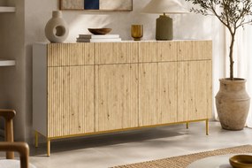 Biela štvordverová komoda Nicole 200 cm so zásuvkami - biely / dub artisan / zlaté nožičky