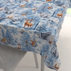 Biante Bavlnený obdĺžnikový obrus Sandra SA-674 Lesné zvieratá v zimnom lese na modrom 50x100 cm