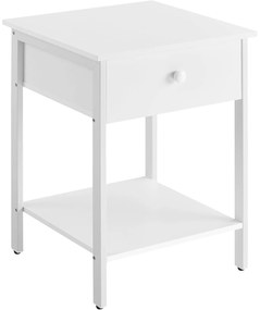 Nočný stolík, príručný stolík so zásuvkou a policou, matný biely