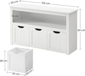 Detský regál na hračky, s 3 úložnými boxmi, biely