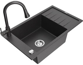Mexen Elias, 1-komorový granitový drez 795x480x200 mm a drezová batéria Elia, čierna škvrnitá, 6511-76-670101-70-B