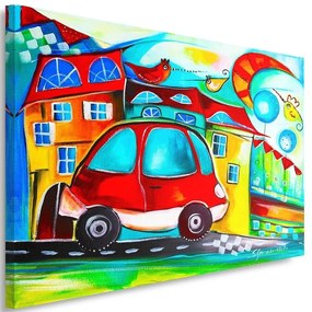 Obraz na plátně, Barevné město Červené auto - 100x70 cm