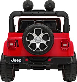 Ramiz Jeep Wrangler Rubicon na batérie pre deti červený + diaľkové ovládanie + rádio MP3 LED + kolesá EVA