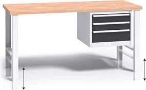 Výškovo nastaviteľný pracovný stôl do dielne G3 so závesným boxom na náradie, buková škárovka, 3 zásuvky, 1500 x 685 x 840 - 1050 mm, grafit