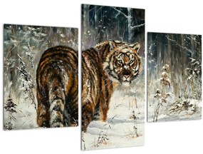 Obraz - Tiger v zasneženom lese, olejomaľba (90x60 cm)