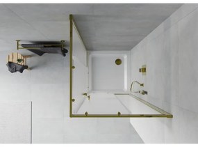 Mexen Rio, štvorcový sprchovací kút s posuvnými dverami 90(dvere) x 90(dvere) x 190 cm, 6mm sklo námraza, zlatý profil + biela sprchová vanička SLIM, 860-090-090-50-30-4010G