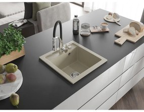 Mexen Vito, 1-komorový granitový drez 490x520x210 mm a drezová batéria Aster, béžová, 6503-69-73450-07
