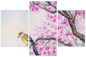 Obraz - Vtáčik na strome s ružovými kvetmi (90x60 cm)