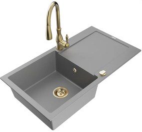 Mexen Leo, 1-komorový granitový drez 900x500x190 mm a drezová batéria Savita, šedá, 6501-71-672601-50