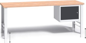 Výškovo nastaviteľný pracovný stôl do dielne G3 so závesnou skrinkou na náradie, buková škárovka, 2000 x 685 x 840 - 1050 mm, grafit