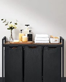 Kôš na bielizeň s policou BERGEN, 3x38l, čierna/hnedá SongmicsHome