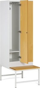 Šatníková skrinka S1 s lavičkou, 2 oddiely, 1875 x 600 x 500/800 mm, otočný zámok, laminované dvere, buk