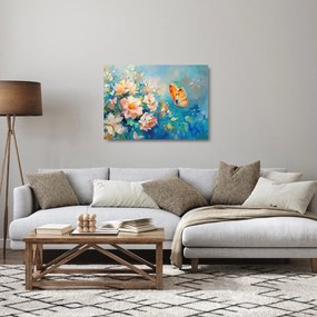 Sklenený obraz - Motýľ a kvety, olejomaľba II. (70x50 cm)