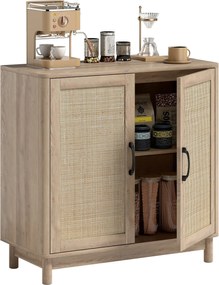 HOMCOM boho komoda s ratanovými dvierkami, nastaviteľná polica a zaoblené hrany — dubový dekor, 76 x 35 x 75,5 cm | Aosom