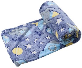Svietiaca deka mikroflanel KOMETY A RAKETY 150x200 cm modrosivá