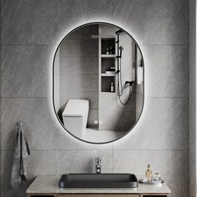 Erga Freya, oválne LED zrkadlo 60x80cm v čiernom kovovom ráme, 3 farby svetla, zadné osvetlenie, vyhrievacia podložka proti zapareniu, ERG-V01-FREYA-6080-BK