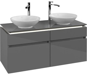 VILLEROY &amp; BOCH Legato závesná skrinka pod dve umývadlá na dosku, 4 zásuvky, s LED osvetlením, 1200 x 500 x 550 mm, Glossy Grey, B584L0FP