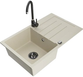 Mexen Bruno, 1-komorový granitový drez s odkvapkávačom 795x495x200 mm a čierna kuchynská batéria Telma, béžová, 6513-69-670200-70