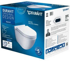 DURAVIT Starck 3 závesné WC Rimless s hlbokým splachovaním, 360 x 540 mm, biela, s povrchom WonderGliss + sedátko so sklápacou automatikou (SoftClose), 45270900A11