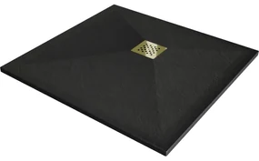 Mexen Stone+, štvorcová vanička z minerálneho kompozitu 90 x 90 cm, čierna, zlatá lesklá krytka, 44709090-G