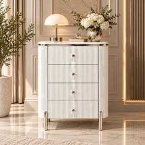 KOMODA GASTON 4S STRIEBORNÉ NOHY + BIELA + MRAMOR 75 cm