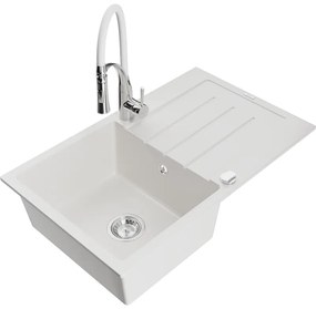 Mexen Bruno, 1-komorový granitový drez 795x495x200 mm a drezová batéria Aster, biela, 6513-20-73450-02