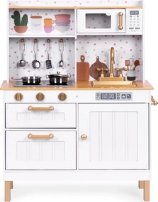 Detská drevená kuchynka ECOTOYS s LED a zvukmi, otvárateľné skrinky, 7 kovových doplnkov