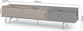 RTV skrinka Zenar 200 cm s kovovými nohami a zásuvkou - elegantný orech / čierna