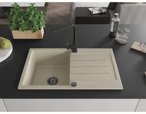 Mexen Bruno, drez granitový 795x495x200 mm, 1-komorový, béžová s čiernym sifónom a čierna drezová batéria Rita, 6513-69-670300-70