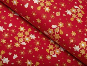 Biante Vianočný bavlnený behúň na stôl Sandra SA-408 Hviezdičky a stromčeky na červenom 35x140 cm