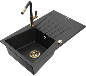 Mexen Cesar, 1-komorový granitový drez 775x470x190 mm a drezová batéria Flora, čierna-strieborná metalíza, 6514-73-670401-57-G