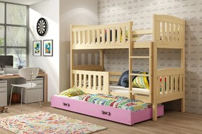 Detská poschodová posteľ s prístelkou KUBUŠ 3 | borovica Farba: Borovica / ružová, Rozmer.: 200 x 90 cm