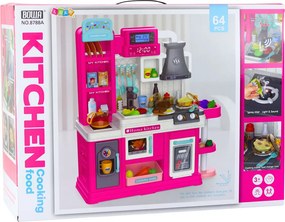 LEAN Toys Detská kuchynka s cirkuláciou vody, zmenou farby jedla a parou, ružová, 64 ks