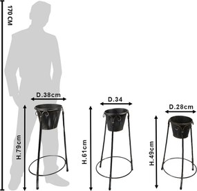 Set 3ks čierny antik kvetináč na podstavci - 38*38*79/ 36*34*61/ 28*27*49 cm