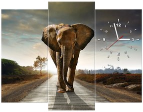 Gario Obraz s hodinami Osamelý silný slon - 3 dielny Rozmery: 30 x 90 cm