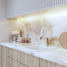 Gamma Flex 2000, stojanková drezová batéria s flexibilným ramenom, biela-zlatá matná, GMA-BFX-2000WHGD