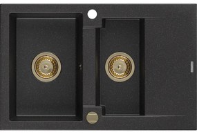 Mexen Gaspar, granitový drez 737x475x177 mm, 1,5-komorový, čierna-strieborná metalíza so zlatým sifónom, 6507731505-73-G