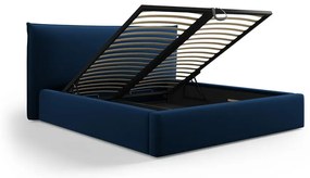 Tmavomodrá čalúnená dvojlôžková posteľ s úložným priestorom a roštom 160x200 cm Elio – Milo Casa