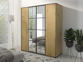 Šatníková skriňa so zrkadlom Birelto I 180 4D, Farby: biela / biela + čierna