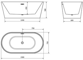 Mexen Luna, voľne stojaca vaňa 150 x 75 cm, biela, chrómový prepad, 52031507500-01