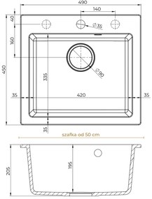 Sink Quality Ferrum 50, kuchynský granitový drez 490x450x195 mm + zlatý sifón, biela, SKQ-FER.W.1K50.XG