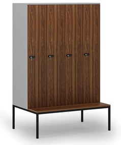 Drevená šatníková skrinka S4 s lavičkou, 4 oddiely, 1871 x 1200 x 500/800 mm, demont, mechanický kódový zámok, sivá/orech
