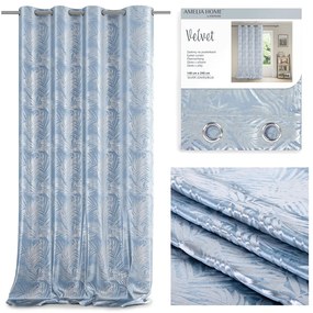 Záves AmeliaHome Velvet Silver Leaves s priechodkami 140x245 cm modrý