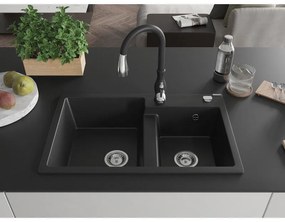 Mexen Tomas, granitový drez 800x500x190 mm, 2-komorový a drezová batéria Savita, čierna, 6516-77-672601-70
