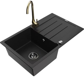 Mexen Bruno, 1-komorový granitový drez s odkvapkávačom 795x495x200 mm a zlatá kuchynská batéria Telma, čierna, 6513-77-670200-50-B