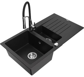 Mexen Matias, granitový drez 900x505x200 mm, 1,5-komorový a drezová batéria Aster, čierna, 6502-77-73450-07