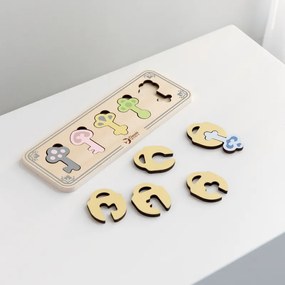 Drevené senzorické puzzle Montessori – zámky a kľúče
